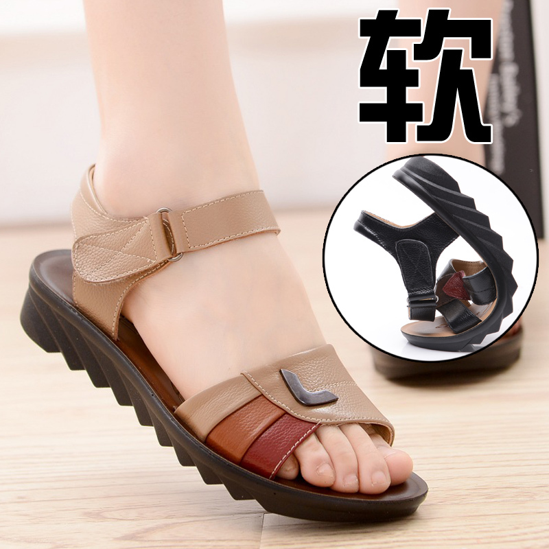 Ladieswear's Sandals Women's Genuine Leather Soft Bottom Summer Flat Elderly Grandma Non-Slip Old Lady Middle-Aged Large Size 41-43