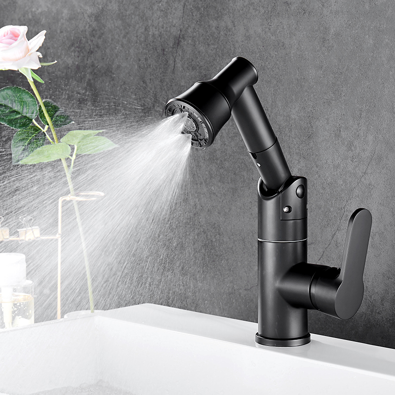 Black rotary pull-out multi-function basin hot and cold water faucet copper washbasin bathroom wash table faucet