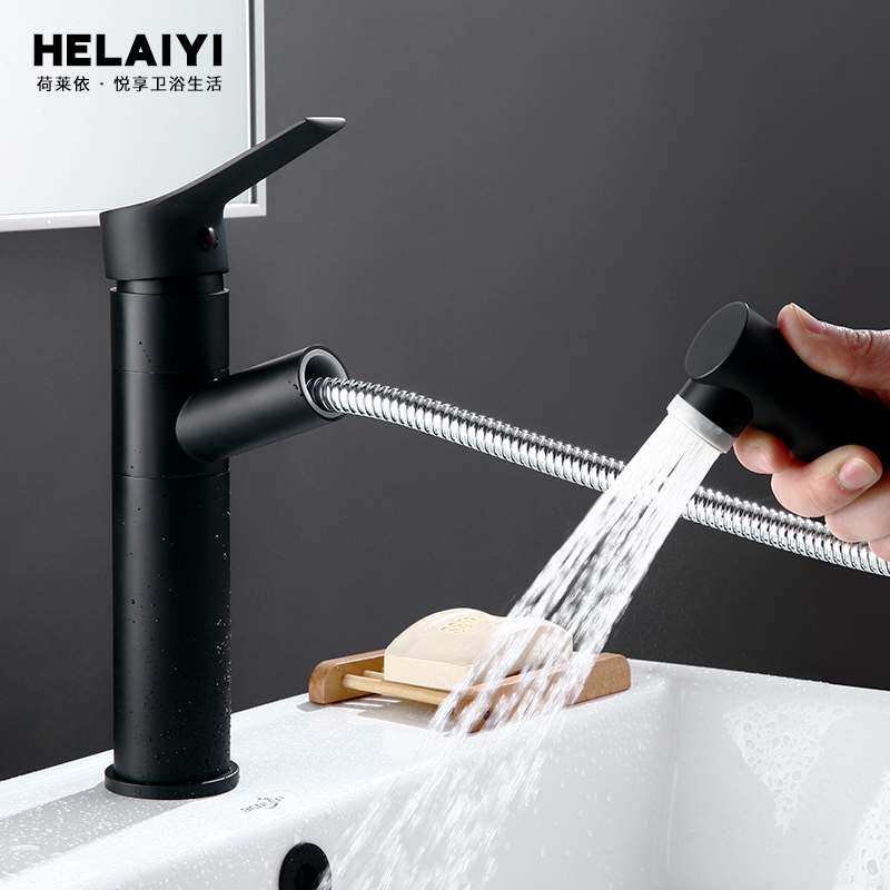 Black pull-out face basin tap hot and cold retractable swivel kitchen sink washbasin onstage tap