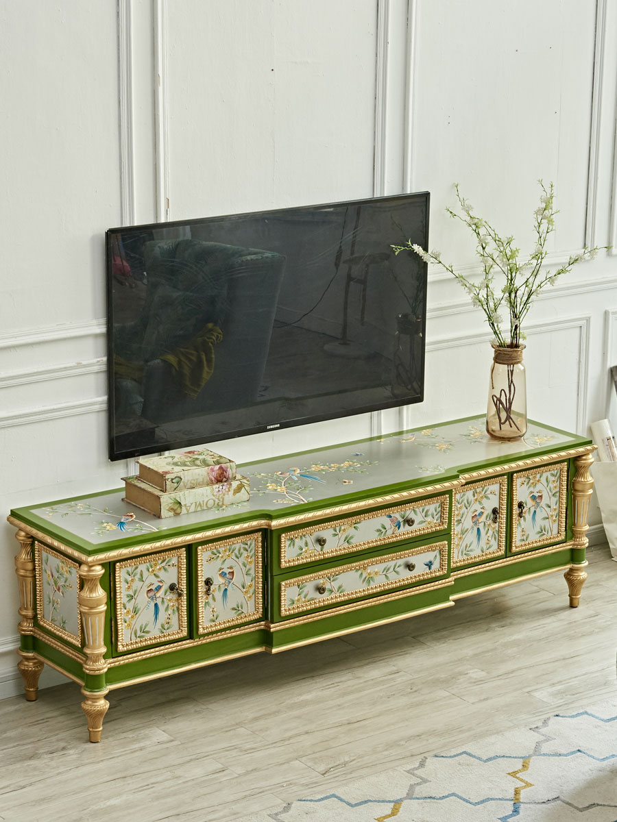 Villa luxury European TV cabinet American solid wood carved painted coffee table combination living room French old floor cabinet