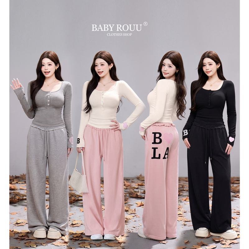Warm and Soft [Korean Women's Relaxed Style] Autumn U-Neck Long-Sleeve Top with Lace and Low-Waist Casual Pants Slimming Two-Piece Set
