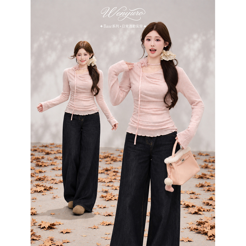 Warm and Soft【Early Winter Prologue】Pink Knitted Turtleneck Waist-Cinching Top for Slightly Chubby Women and Wide-Leg Jeans Set
