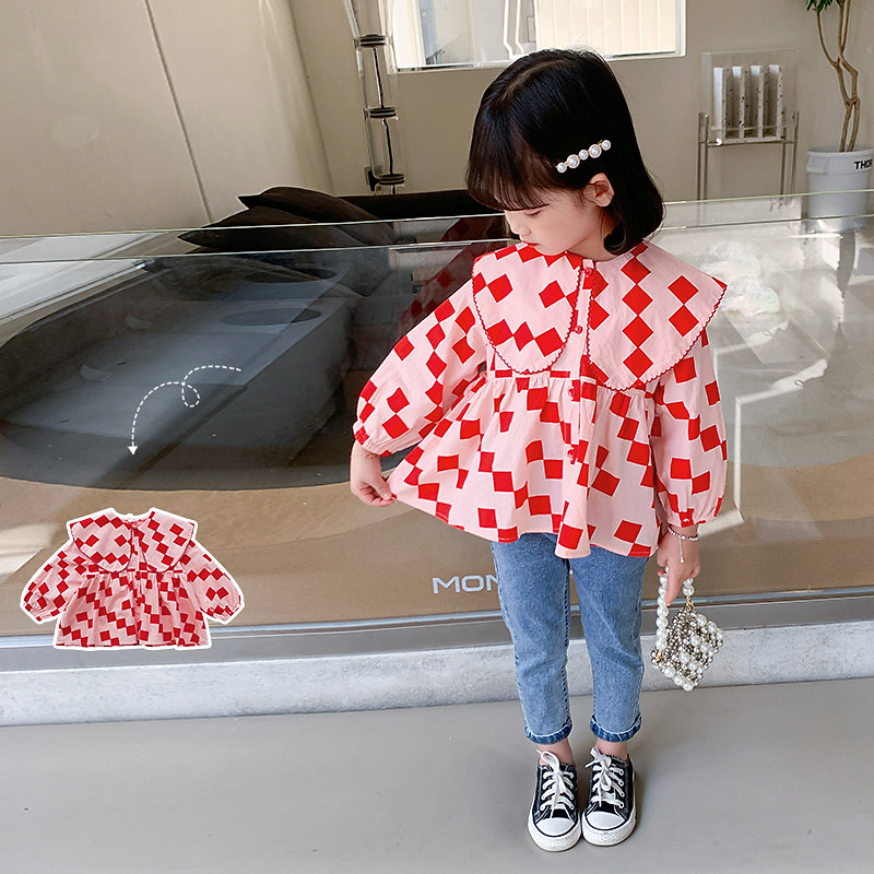 Girl Plaid Shirt 2022 New Spring Autumn Clothing Children's Net Red Polenta Blouse Women's Treasure Korean Version Dolls Collar Shirt