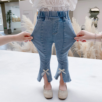 Girls bow slit jeans children's spring pants 2022 new baby Korean version of foreign air flared pants tide