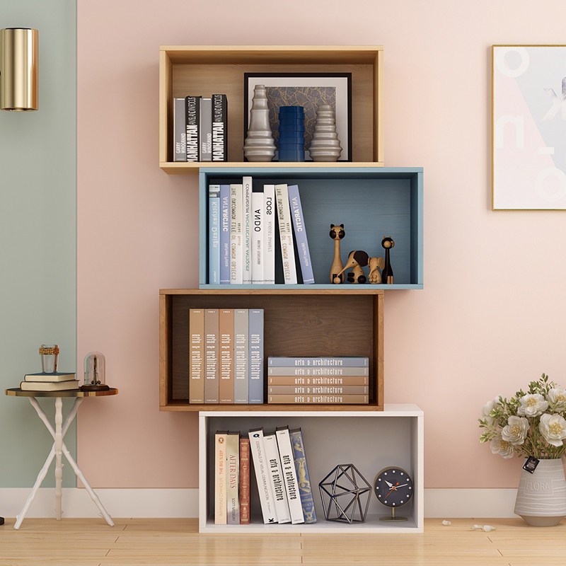 Nordic lattice cabinet free combination bookshelf Simple bay window locker floor low storage wood color children's bookcase