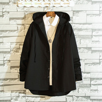 Fat man solid color medium and long windbreaker mens fat plus size trendy loose jacket hooded shirt Korean autumn youth