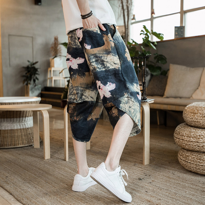 Fat Chinese Wind Leg Light Pants Men Code 7 Skin Broad Spring and Autumn Spring Lantern Lantern Beach Shorts