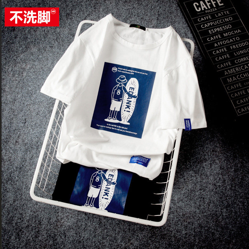 Fat Cartoon Surf Print T-shirt Men Short Sleeves with Lax Japanese Tide Students Summer Clothes Half-sleeved