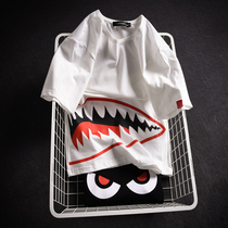 Fat man cartoon shark print short-sleeved T-shirt men and women plus fat plus size round neck pure cotton Korean version of the tide couple T-shirt