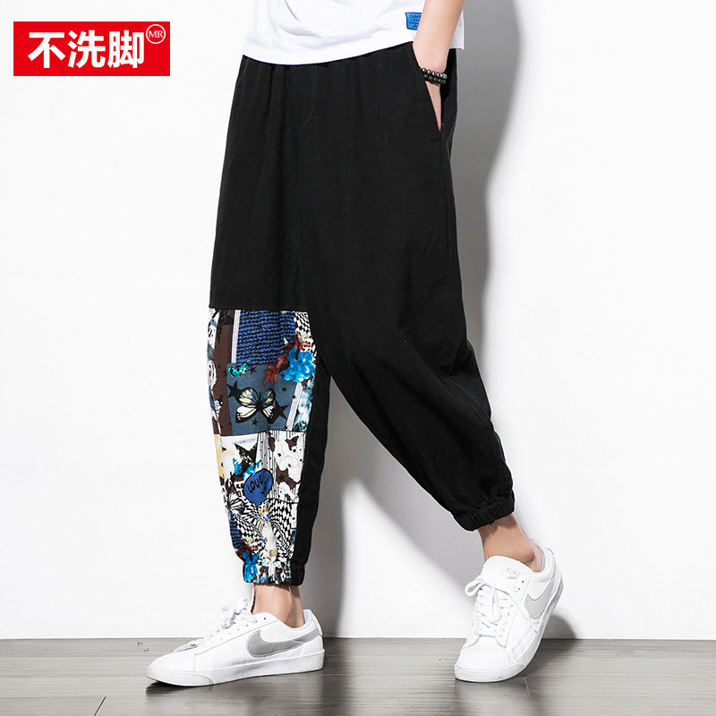 Fat Japanese stitching flower cropped pants men's fattening plus size Harlan pants loose breathable Chinese style pants trend