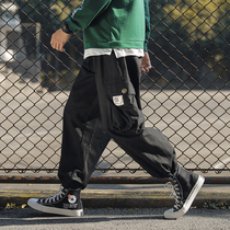 Fat loose pocket overalls Plus size Japanese trendy brand hip-hop pants youth leggings spring and autumn harem pants