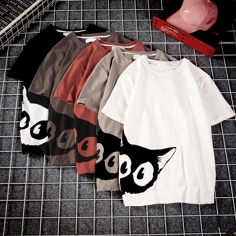 Hong Kong style ins kitten print short-sleeved T-shirt male plus size fat Harajuku semi-trend compassionate student clothes summer clothes