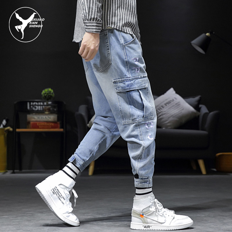 Fat Velcro Cargo Jeans Men's Plus Size Japanese Fashion Brand Small Leggings Spring and Autumn Nine Points Harlan Pants