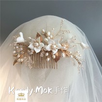 Freshwater pearl ceramic flower head decoration Japanese hand-made bridal hair comb