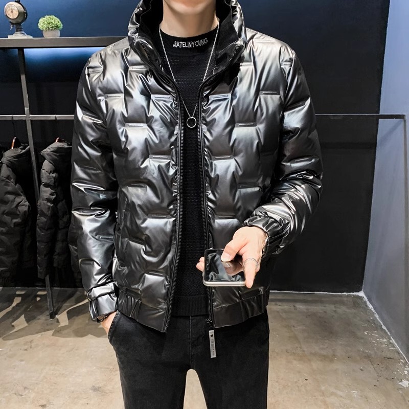 High-End Glossy No-Wash down Jacket for Men, Winter Korean Style Stand Collar White Duck down Men's Silver Lightweight Warm Coat Trendy