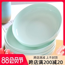 10-pack Jingdezhen household plate set dish plate Round celadon plate Ceramic soup plate Bone china dinner plate Deep plate