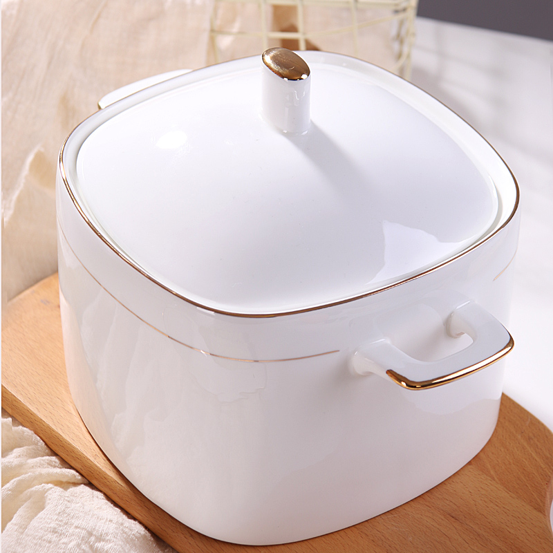 Sedum Alloy Sideband Cover Bowl Public Stockpot Domestic Double Ear Large Bowl Large Horn Porcelain Soup Bowl palace Pot Ceramic Pans