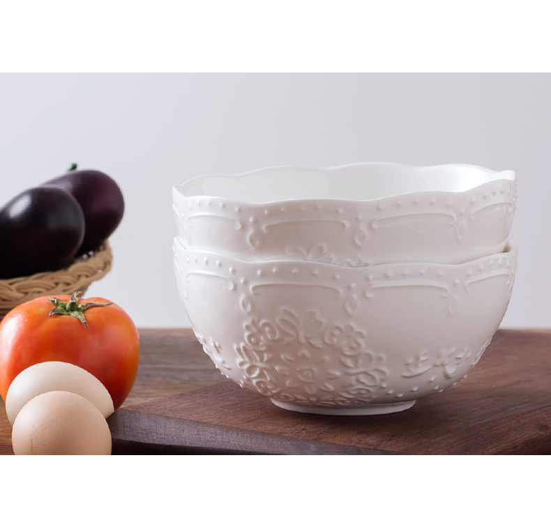 Jingdezhen pure white household porringer of ipads China relief Korean rice bowls rainbow such use lace ceramic bowl for dinner