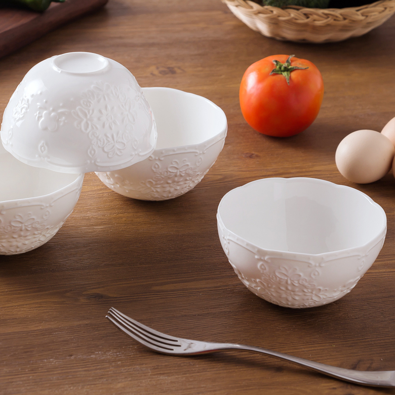 Jingdezhen pure white household porringer of ipads China relief Korean rice bowls rainbow such use lace ceramic bowl for dinner