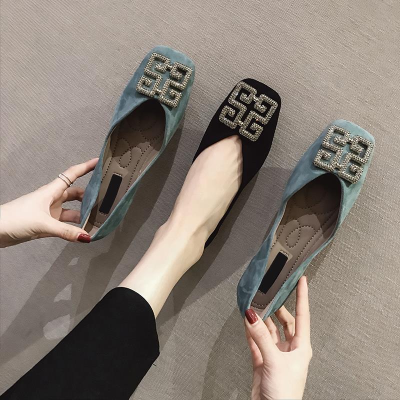 Comfortable single shoes women's 2022 new spring leather wild Korean version rhinestone fashion square toe shoes women's flat shoes scoop shoes