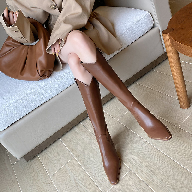 Autumn Winter Retro Plus Suede Middle Cylinder Pointed Boots Children Genuine Leather High Heel V-mouth High Cylinder Conspicute Slim Long Silo Boot Female Riding Boots