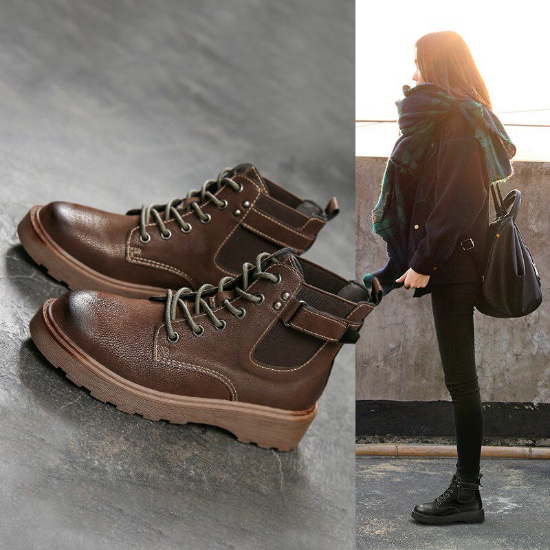 European Station Spring Autumn Martin Boots Woman Single Boots New Inn Wind Retro Boots Thick Bottom Round Head Brown Low Help Short Boots