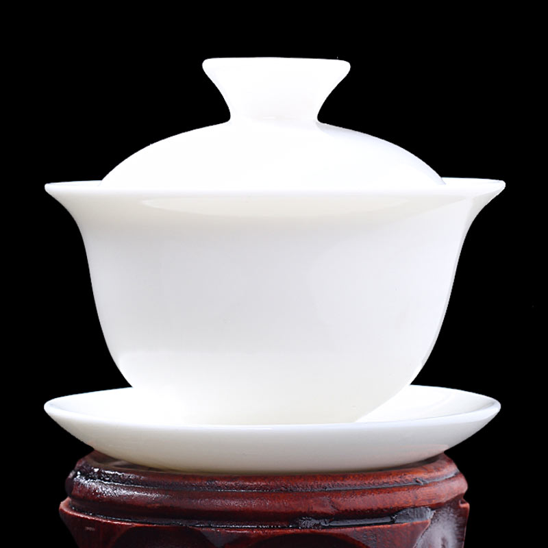 Sheep fat jade three talents cover bowl with lid tea cup single tea bowl Jingdezhen tea set large pure white boutique exquisite