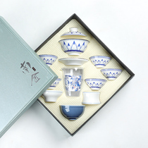 Tea set set Bowl kung fu tea set ceramic tea cup set white porcelain whole set of blue and white porcelain tea cup cover bowl tea set