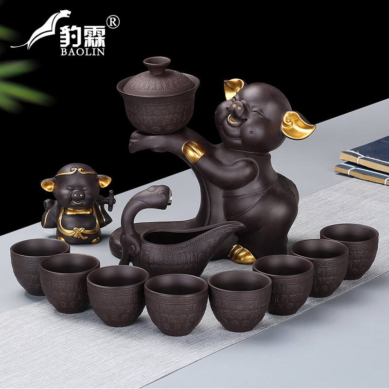 Leopard lam, semi - automatic tea ware tea to implement lazy all kung fu tea set suit household atone purple ceramic teapot