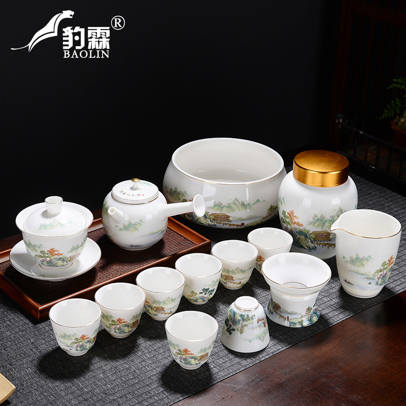 Leopard lam suet jade white porcelain tea set of the pot of tea tureen side sea) checking household gifts tea set