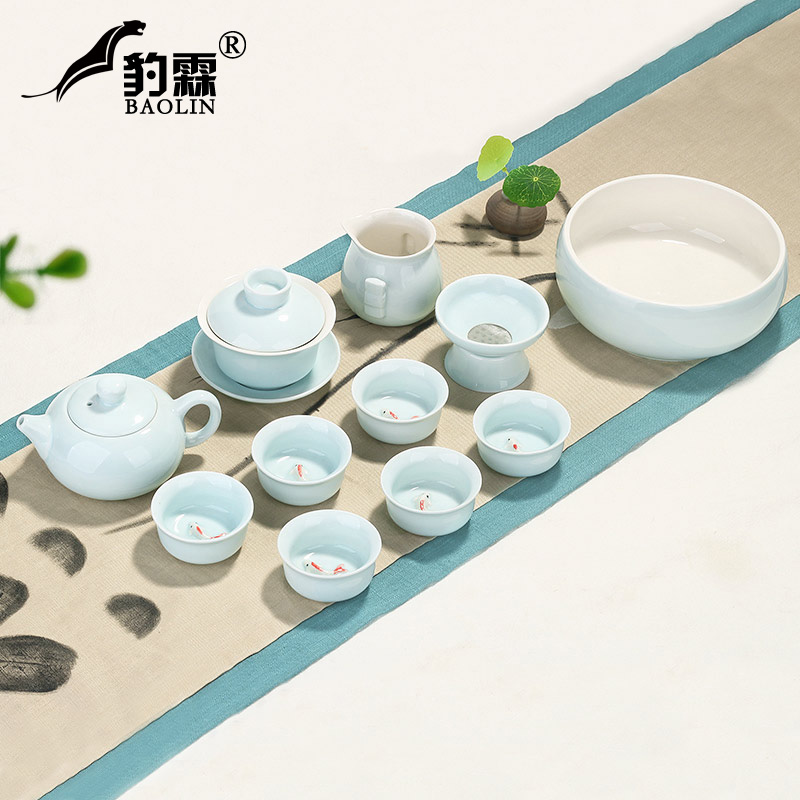 Leopard lam, longquan celadon kung fu tea set suit household contracted and I jingdezhen tea cup teapot tea art is the living room