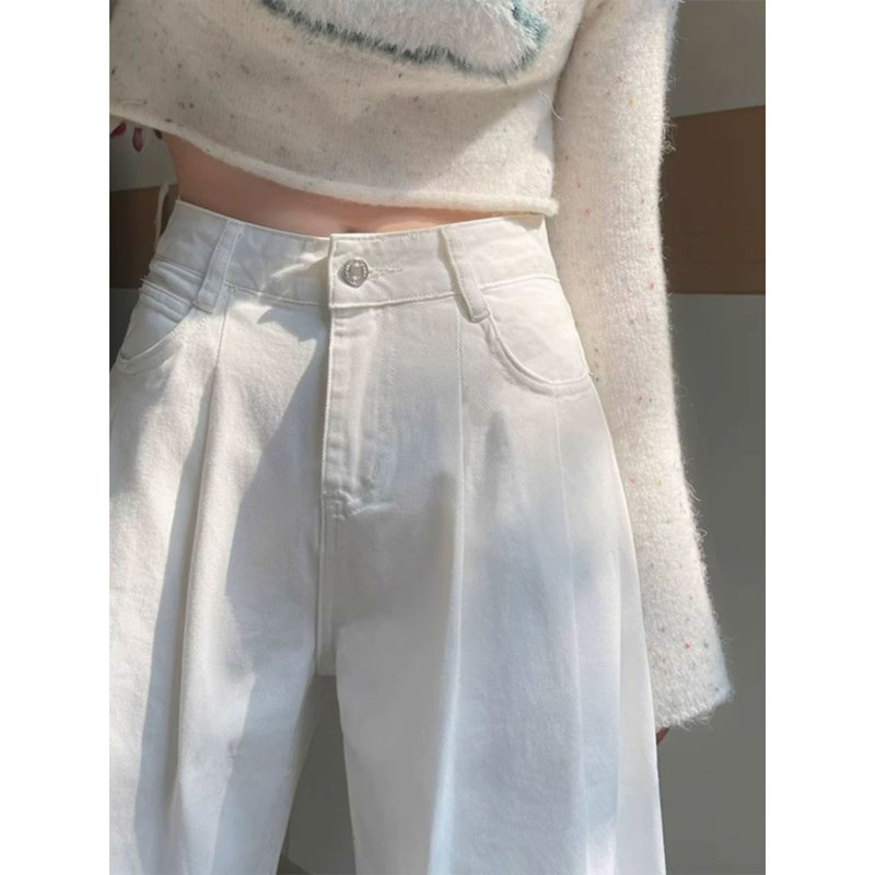 Pear-Shaped Body White Wide-Leg Jeans for Women, Summer Plus Size, Pleated High-Waisted Loose Slimming Straight Pants