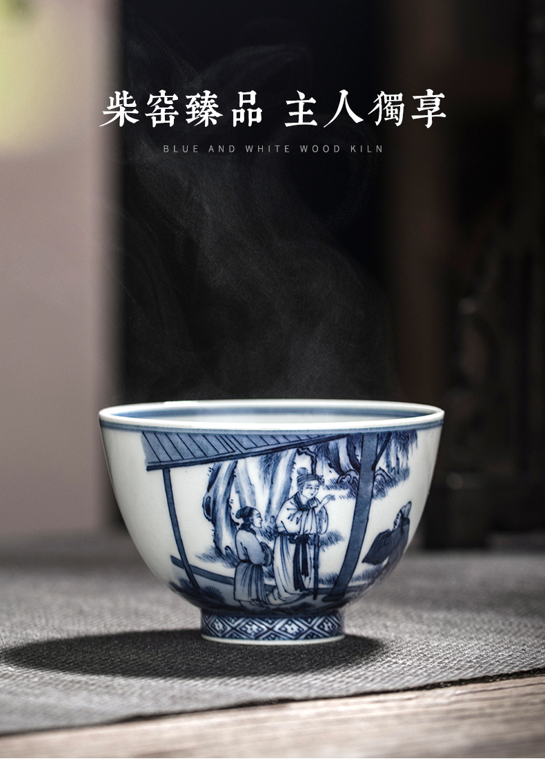 Jingdezhen blue and white hand - drawn characters maintain archaize master cup single CPU full checking ceramic cups kunfu tea cups