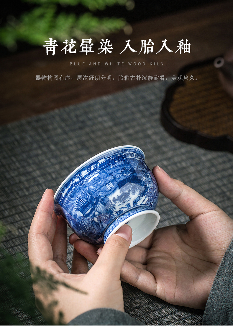 Have blue and white porcelain up jingdezhen porcelain cups maintain master cup single hand - drawn cup classic qingming scroll