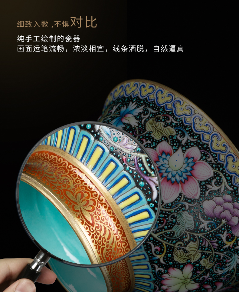 Clock home up the was suit jingdezhen high - end colored enamel, black tie up lotus flower grain turquoise glazed inside tureen tea cups