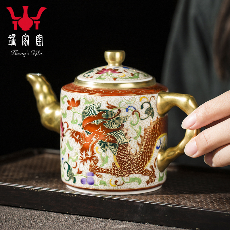 Clock home up wire inlay enamel teapot single pot of jingdezhen enamel kirin teapot small household kung fu tea pot