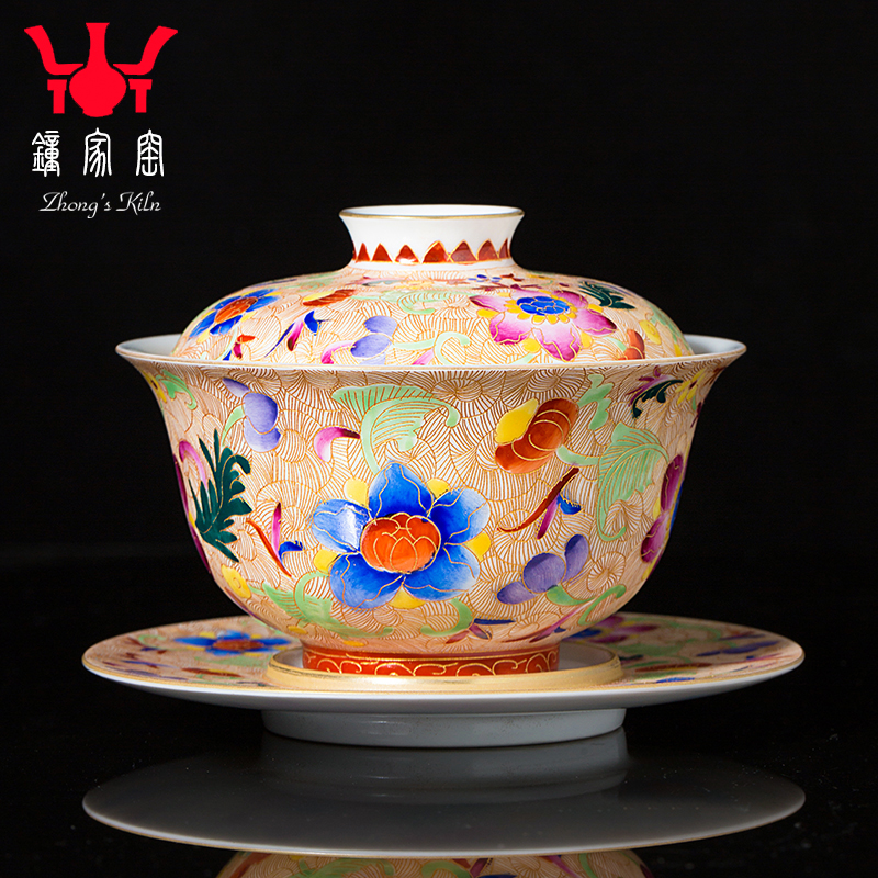 Clock home up ceramic tureen jingdezhen tea cups wire inlay enamel colors branch flowers large kung fu tea bowl