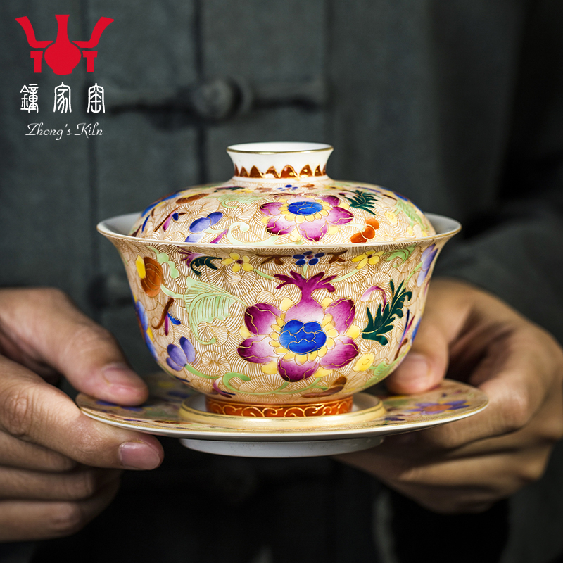 Clock home up ceramic tureen jingdezhen tea cups wire inlay enamel colors branch flowers large kung fu tea bowl