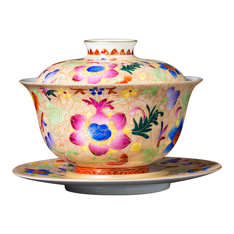 Clock home up ceramic tureen jingdezhen tea cups wire inlay enamel colors branch flowers large kung fu tea bowl