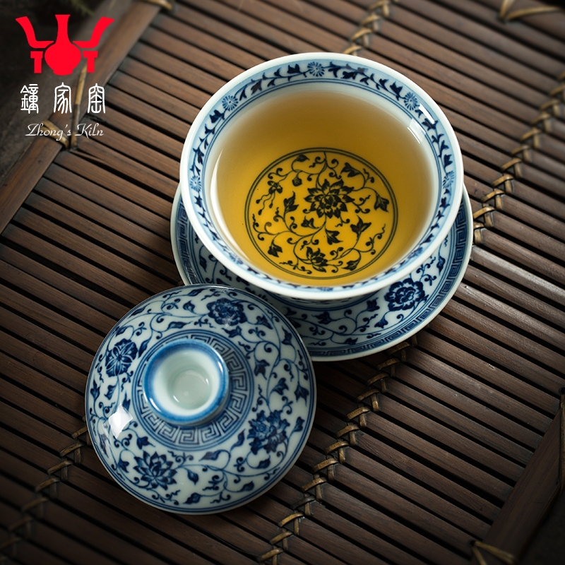 Clock home up tureen teacups hand - made bound lotus flower blue three to maintain tureen large manual jingdezhen tea bowl