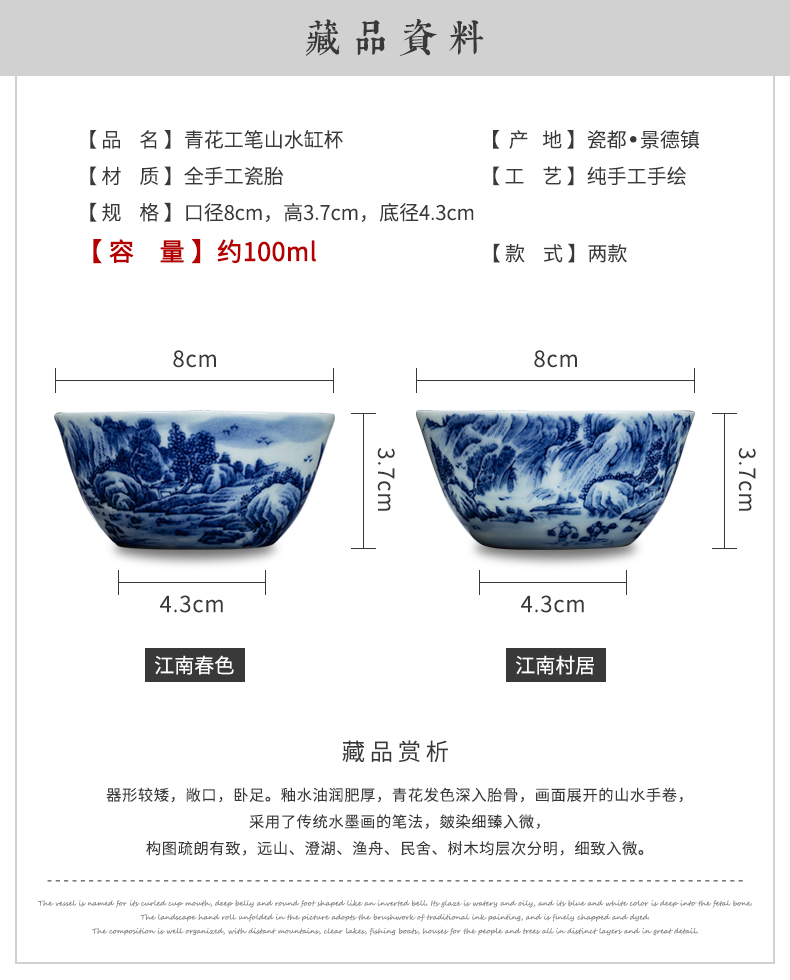 Clock home trade, one cup of single CPU jingdezhen blue and white painting landscape cylinder cup kung fu teacups hand - made maintain sample tea cup