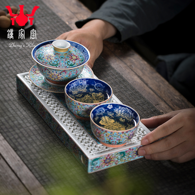 Clock home up enamel see colour was suit set of high - grade tea tea set jingdezhen kung fu tea tray tea gifts