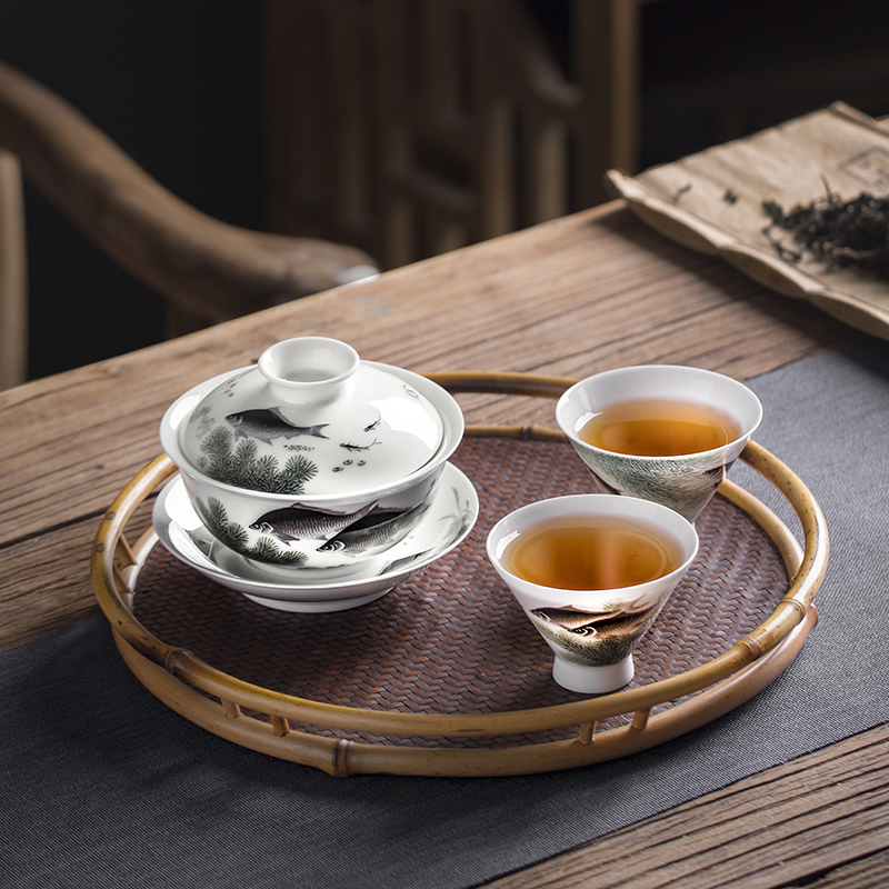 Clock home up jingdezhen hand - made every year more than carp master cup set of kung fu tea set a tureen two cups of suit