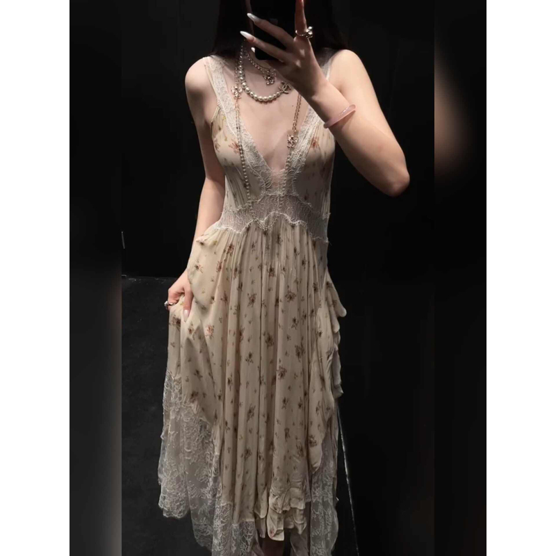 French Romantic Style V-Neck Lace Floral Suspender Dress New Trendy Brand Women's Pure Desire Irregular Hem Long Skirt