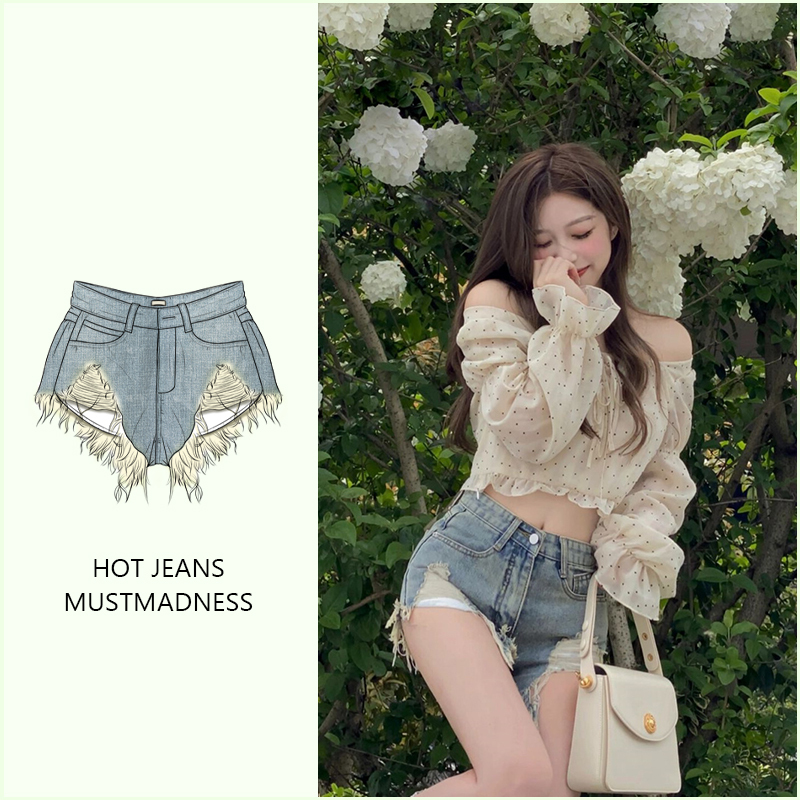 Tassel Frayed Ripped Denim Shorts Women's Summer Hot Pants Sexy Low-Waist Washed Vintage Wide-Leg Pants