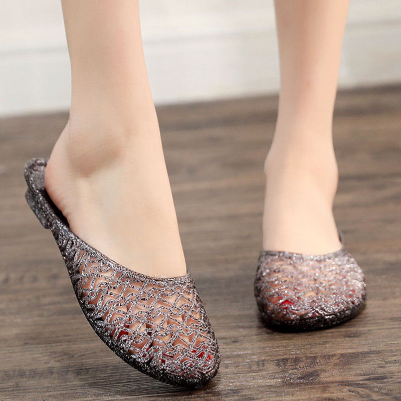 Fashion crystal slippers women's transparent sandals women's hollow soft deodorant flat heel bath bathroom non-slip shoes