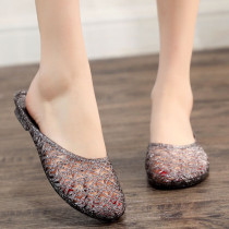 Fashion Outer Wear Crystal Slippers Womens Transparent Sandals Womens Hollow Soft Deodorant Flat Heel Bath Bathroom Non-Slip Slippers