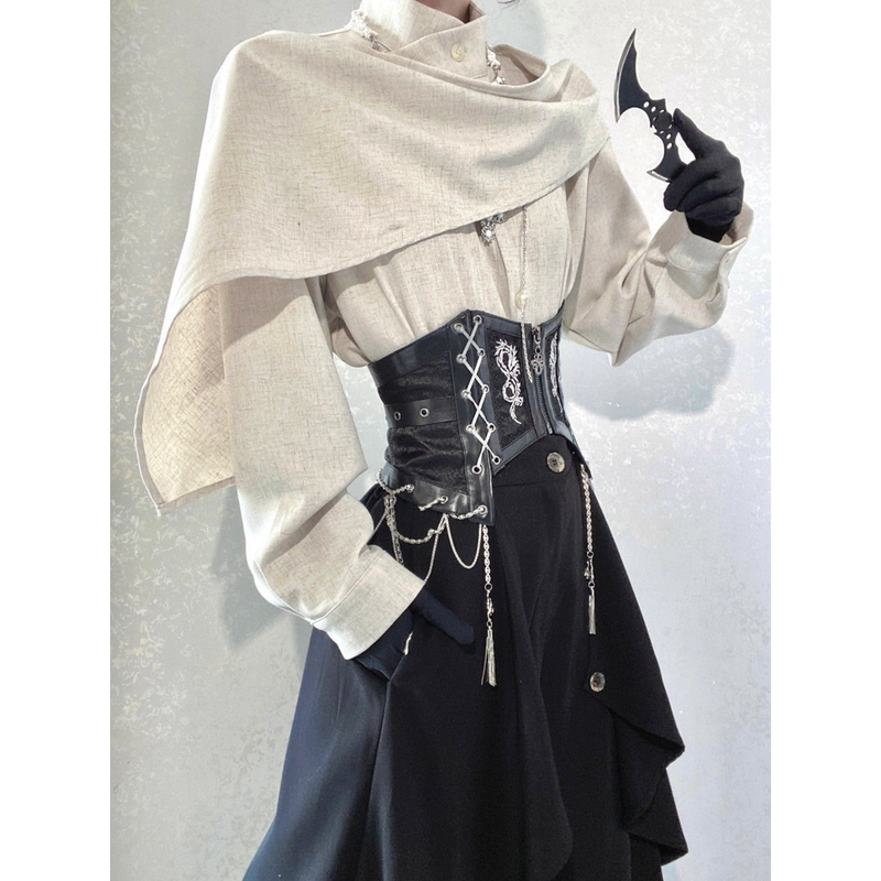 Two-Piece Set - Gender-Neutral High-End Style Stand-Up Collar Shirt with Ribbon, Unisex Half-High Collar Scarf Design, Unique Shirt