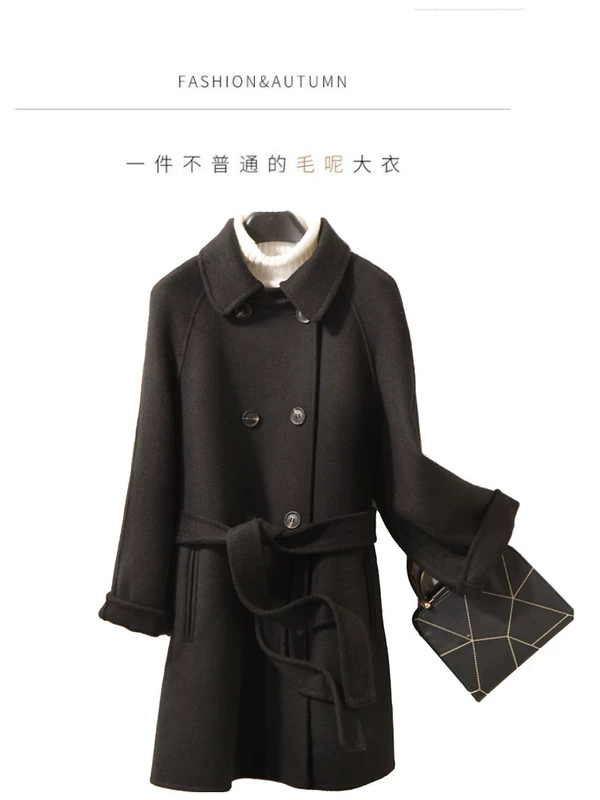 Áo khoác cashmere hai mặt chống mùa cho nữ dài 2019 áo len hai mặt rộng vành đai áo khoác - Accentuated eo áo