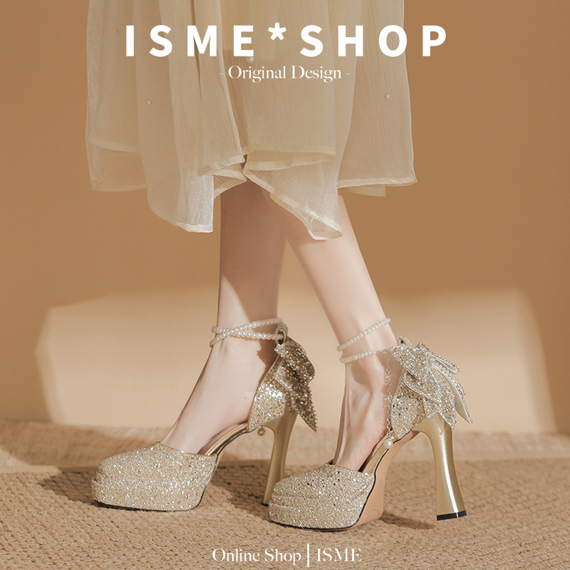 Bowknot Mary Jane High Heels Sequin Women's Buckle Bridesmaid Shoes Waterproof Platform Wedding Shoes Chunky Heel Mid-Heel Moonlight Design